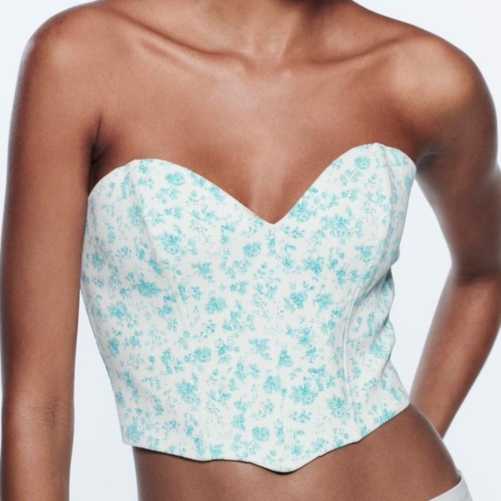 NWT Zara Feminine Floral Bustier Corset Crop Top Blue and White Size Small